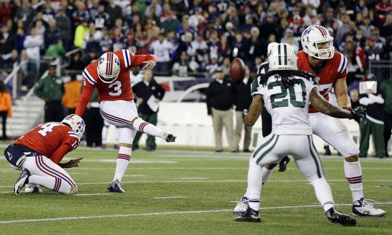 Patriots kicker Stephen Gostkowski makes the winning field goal against the Jets in overtime on Sunday. (Elise Amendola/AP)