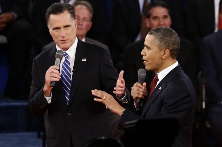 President Obama and Republican Mitt Romney participate in the second presidential debate at Hofstra University in Hempstead, N.Y., on Oct. 16. (AP/Charles Dharapak)