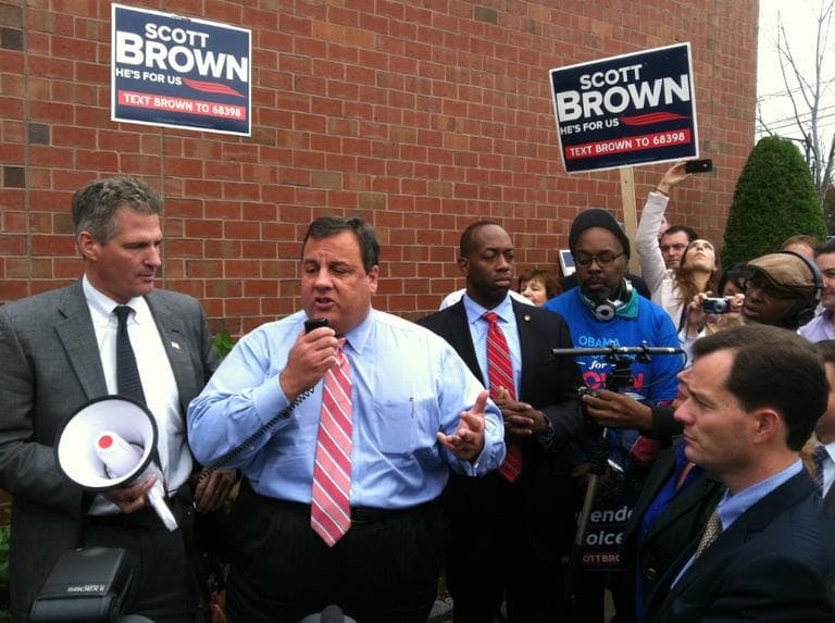 Sen. Scott Brown campaigns in Watertown Wednesday with the support of New Jersey Gov. Chris Christie, center. (Fred Thys/WBUR)