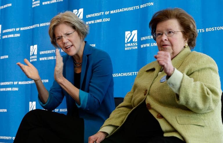 Democratic U.S. Senate candidate Elizabeth Warren, left, applauds as U.S. Sen. Barbara Mikulski, D-Md., gestures during a campaign event at University of Massachusetts-Boston, Friday. (Elise Amendola/AP)