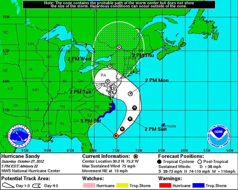 The predicted path of Hurricane Sandy as of 5 p.m. Saturday. (National Hurricane Center, National Weather Service)