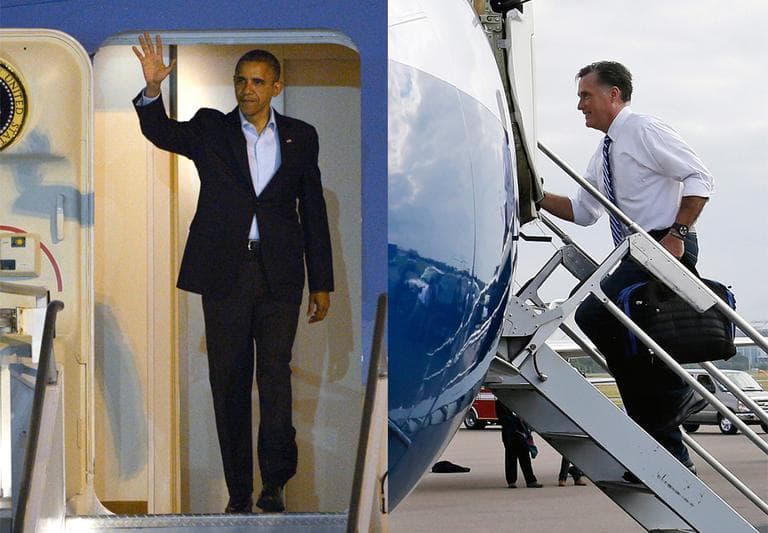 Republican presidential candidate and former Massachusetts Gov. Mitt Romney boards his plane in Tampa, Fla., on Sunday, en route to Ohio for campaign events. President Barack Obama waves as he deplanes Air Force One, after arriving at Orlando International Airport in Orlando, Fla., on Sunday. (AP)
