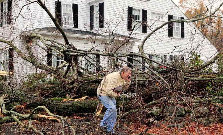 John Constantine makes his way out of his Andover house after winds from Sandy toppled a tree on Monday. (Winslow Townson/AP)
