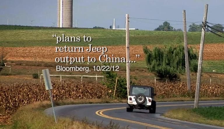 A screen shot from the Romney campaign ad, claiming President Obama "sold Chrysler to the Italians, who are going to build Jeeps in China." The ad has received a "4 Pinocchios" rating from The Washington Post.