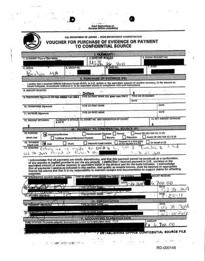 CLICK TO ENLARGE: The voucher for cash payment of $6,700 to confidential informant Ronald Dardinski following the arrest of Robert George in March 2011 