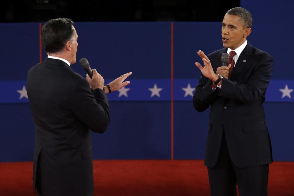 Republican presidential nominee Mitt Romney and President Barack Obama spar over energy policy during the second presidential debate at Hofstra University, Tuesday, Oct. 16, 2012, in Hempstead, N.Y. (AP)