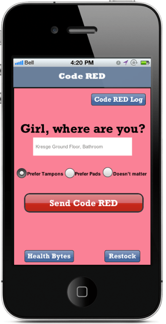 The mobile app would allow users to send out a "red alert" if they were stuck in an emergency without a tampon.