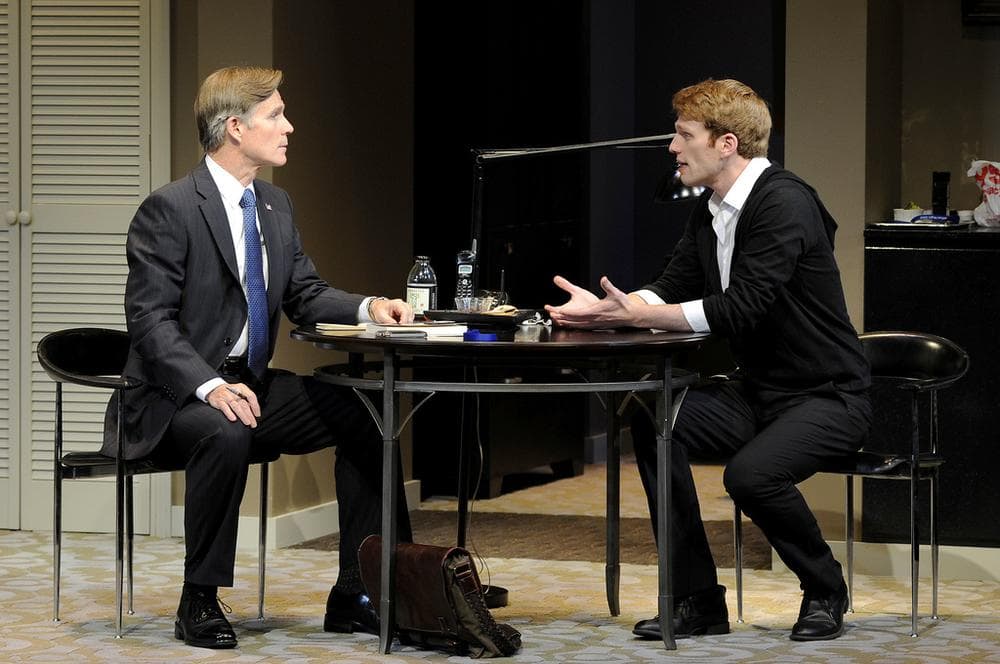 Tom Nelis plays a presidential candidate grilling his son (Grant MacDermott) in the Huntington's &quot;Now or Later.&quot; (Photo by Paul Marotta)
