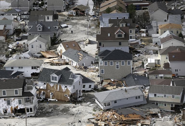 This aerial photo shows destruction in the wake of superstorm Sandy on Wednesday, October 31, in Seaside Heights, N.J. (Mike Groll, AP)