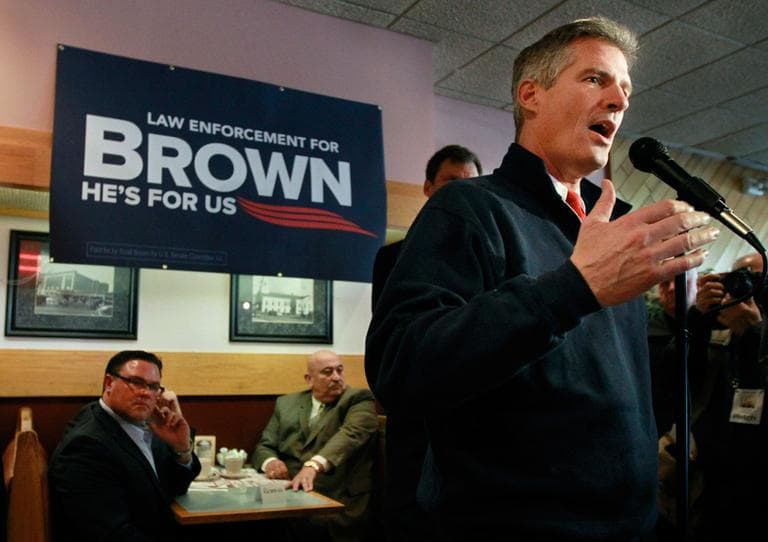 U.S. Sen. Scott Brown speaks during a campaign event in Milford on Thursday. (Steven Senne/AP)