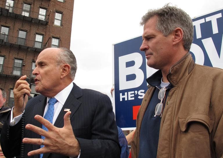 Former New York City Mayor Rudolph Giuliani, left, campaigns for Sen. Scott Brown in Boston's North End on Friday. (Monica Brady-Myerov/WBUR)