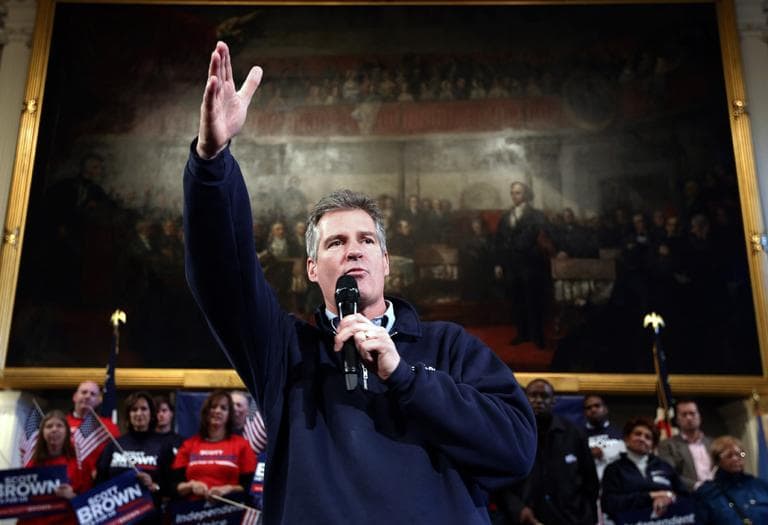 Sen. Scott Brown speaks during a campaign rally at Faneuil Hall in Boston on Sunday. (Michael Dwyer/AP)