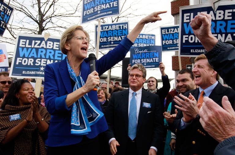 Democratic Senate candidate Elizabeth Warren addresses a crowd as sons of the late U.S. Sen. Edward M. Kennedy, Ted. Kennedy, Jr., center, and former U.S. Rep. Patrick Kennedy, right, look on during a rally in Boston's Dorchester Monday. (Steven Senne/AP)