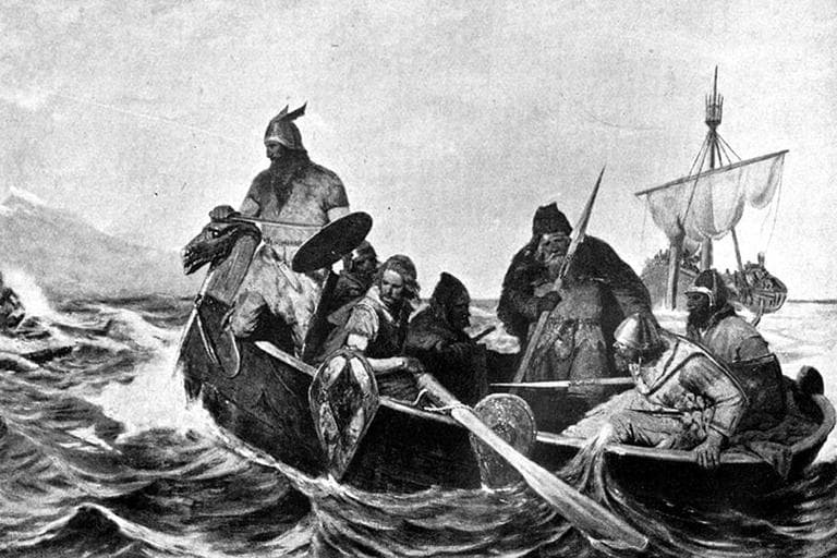 A black-and-white reproduction of a painting showing Norsemen in a ship. The list of illustrations on page vii gives this one the title Norsemen Landing in Iceland'. (Wikicommons)