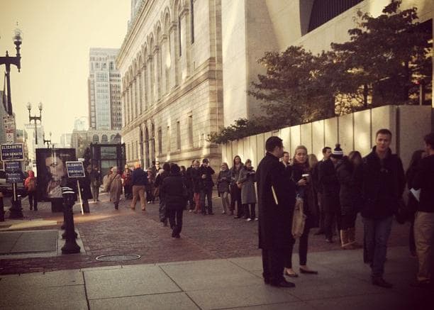 Voters on Tuesday line up on Boylston Street outside the Boston Public Library. (Abby Peel via Instagram)
