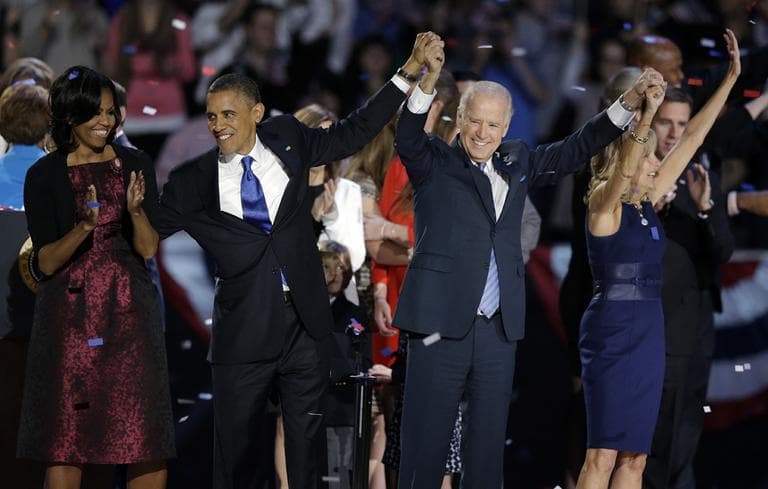 President Barack Obama, first lady Michelle Obama, Vice President Joe Biden and Jill Biden acknowledge the crowd at his election night party Wednesday, Nov. 7, 2012, in Chicago. President Obama defeated Republican challenger former Massachusetts Gov. Mitt Romney. (AP)