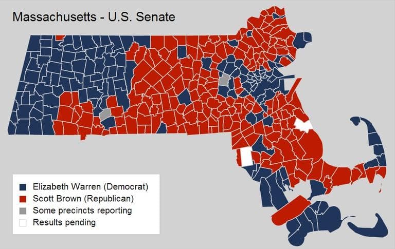 CLICK FOR MORE RESULTS: Mass. town-by-town election results for the U.S. Senate. Presidential and ballot questions results are also available.