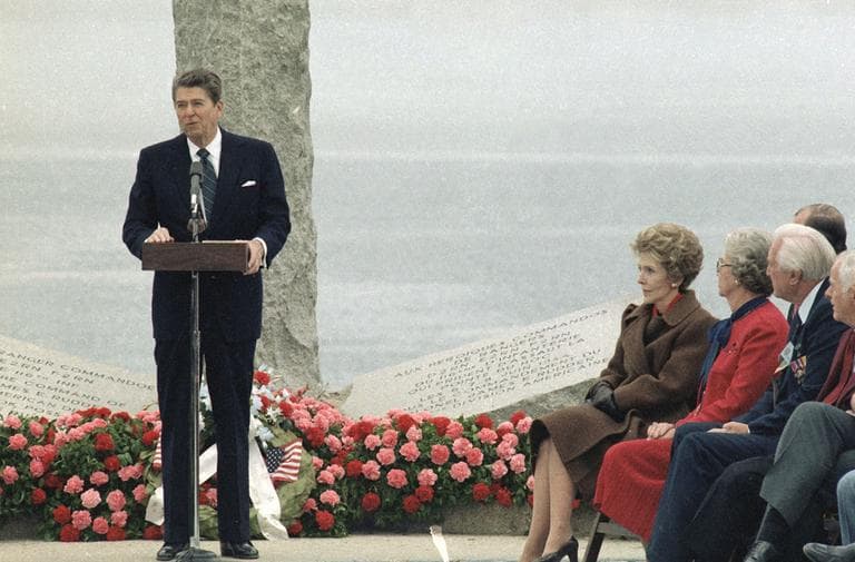 U.S. President Ronald Reagan delivers a speech at the Pointe du Hoc Memorial in Normandy, France, during commemorative ceremonies of the 40th anniversary of the Allied landing in Normandy in 1944. (AP)