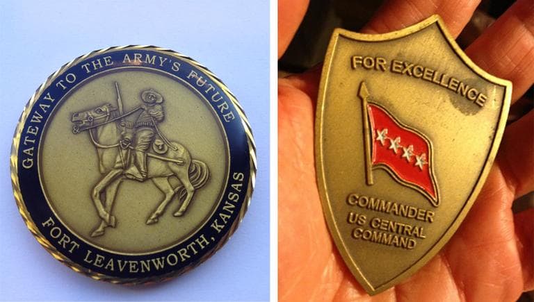 Two of retired Gen. David Petraeus's military coins. On left, from when he was head of U.S. Army Combined Arms Center in Fort Worth, Kan. and on right, when he was head of U.S. Central Command.