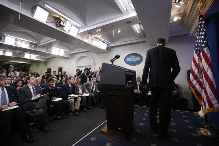 President Barack Obama leaves the podium after making a statement to reporters about the suspicious packages found on U.S. bound planes in the James Brady Press Briefing Room at the White House in Washington, Friday, Oct. 29, 2010. Pictured in front row, from left to right: Matt Spetalnick of Reuters, Jake Tapper of ABC News, Darlene Superville of the Associated Press, Chip Reid of CBS News, Wendell Goler of Fox News, and Chuck Todd of NBC News. (AP)