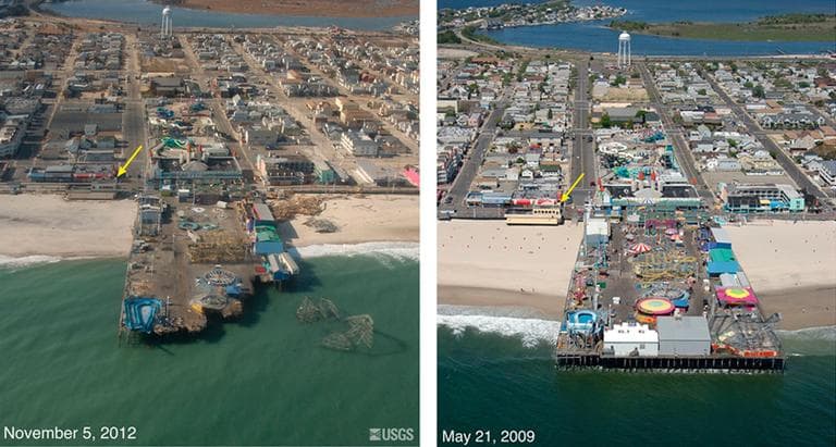 These photos provided by the U.S. Geological Survey showing Seaside Heights, N.J.  before and after Superstorm Sandy. The top photo was taken May 2009 and bottom photo taken November 2012. (Click to enlarge.)