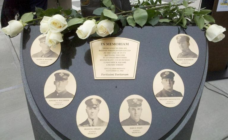 The memorial to the six firefighters who died in the Luongo Restaurant fire on Nov. 15, 1942 in East Boston (Lynn Jolicoeur/WBUR)