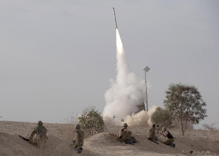 An Israeli Iron Dome missile is launched near the city of Be'er Sheva, southern Israel, to intercept a rocket fired from Gaza Saturday, Nov. 17, 2012. (Ahikam Seri/AP)