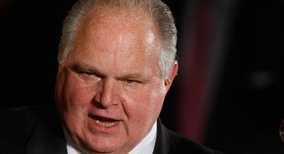 Jim Borghesani: In order to keep the differences between the parties stark and vivid, the right-wing megaphones need to keep firing loud and hot. In this photo: Conservative talk show host Rush Limbaugh in Washington, Tuesday, Jan. 13, 2009. (Ron Edmonds/AP)