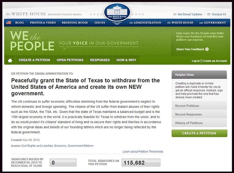 A screenshot taken Tuesday of the petition to allow Texas to withdraw from the United States.
