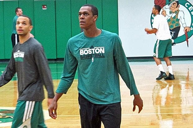 Rajon Rondo was watching his jump shots at practice on Wednesday in Waltham, Mass., but passing is the center of attention as the Celtics point guard pursues an NBA record. (Doug Tribou/WBUR)