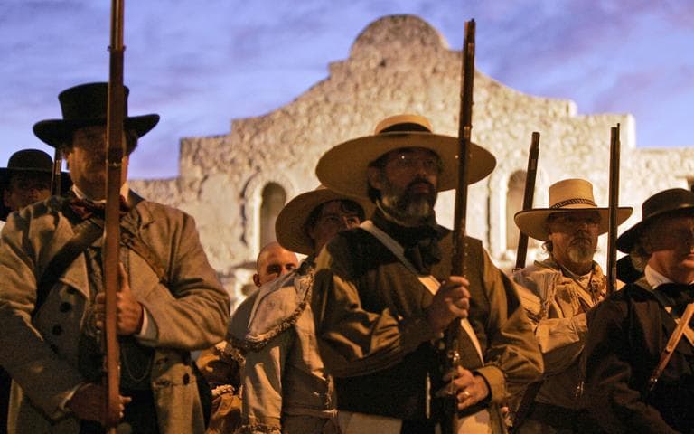 Members of the San Antonio Living History Association take part in a pre-dawn memorial service at Alamo Plaza in San Antonio, Tuesday, March 6, 2007. The 13-day Battle of the Alamo ended March 6, 1836, with a victory by Mexican forces under Gen. Antonio López de Santa Anna. (AP)