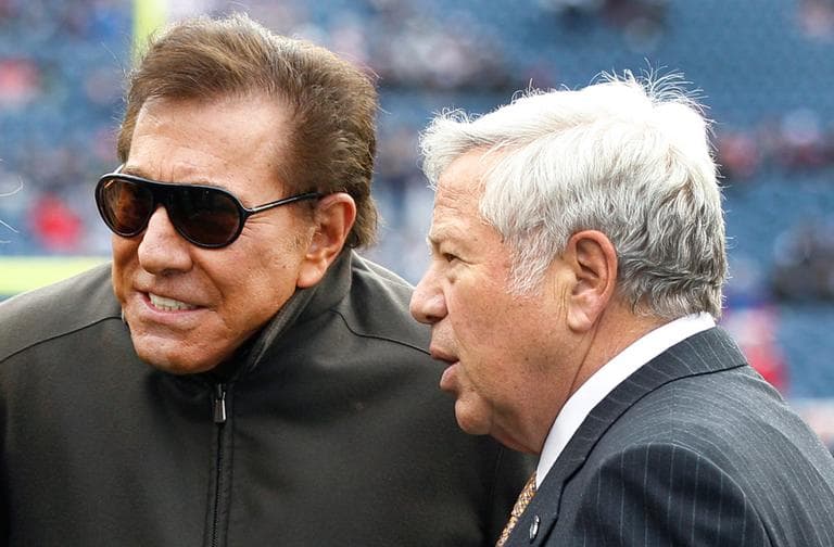 Casino mogul Steve Wynn, left, and New England Patriots owner Robert Kraft talk prior to a Patriots game on Dec. 4, 2011. Facing opposition in Foxborough, Wynn abandoned his casino proposal with Kraft. Now, the developer is looking at a site in Everett. (Elise Amendola/AP)
