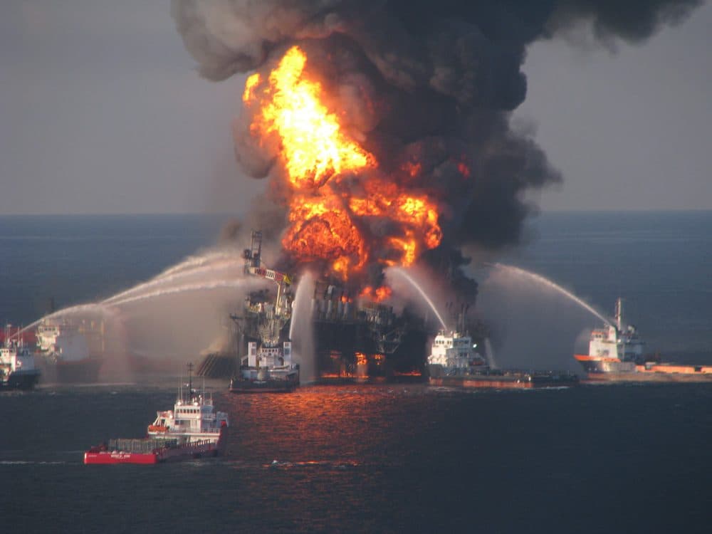In this April 21, 2010 image provided by the U.S. Coast Guard, fire boat response crews battle the blazing remnants of the off shore oil rig Deepwater Horizon.  (US Coast Guard/AP)