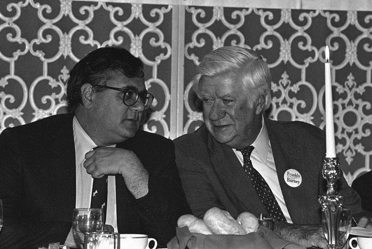 Rep. Barney Frank and U.S. House Speaker Tip O'Neill chat before O'Neill spoke on behalf of Frank's re-election campaign at a luncheon at Natick, Mass., Country Club, Oct. 20, 1982. (Elise Amendola/AP)