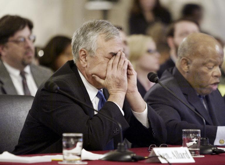 Rep. Barney Frank clasps his hands over his face following his unusually personal testimony during a Senate hearing in 2004 on a proposed constitutional amendment to ban gay marriage. (J. Scott Applewhite/AP)
