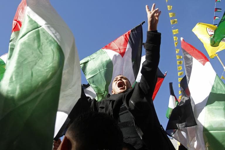 Surrounded by Palestinian flags a Palestinian chants slogans during a rally supporting the Palestinian UN bid for observer state status, in the West Bank city of Hebron on Thursday. (Nasser Shiyoukhi/AP)