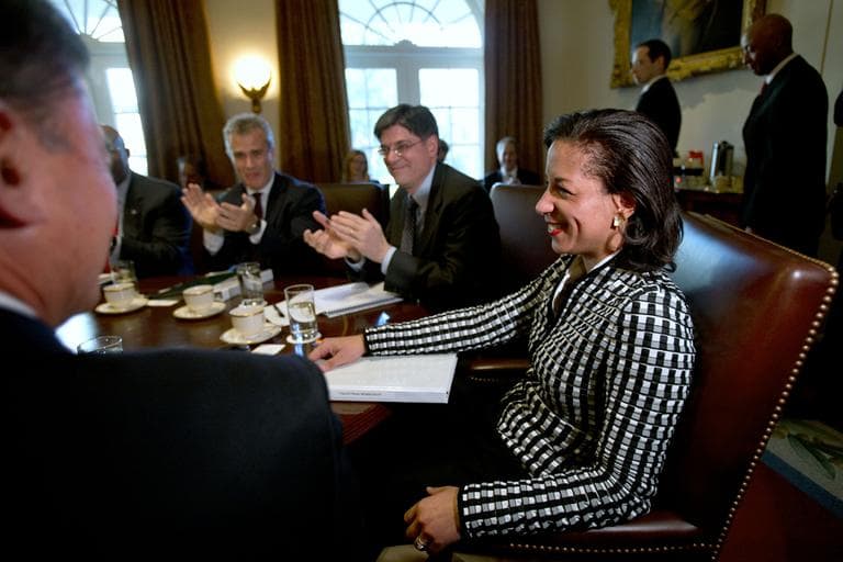 UN Ambassador Susan Rice, right, smiles as she is applauded, as President Barack Obama says what an excellent job she has been doing, before meeting with his cabinet, Wednesday, Nov. 28, 2012, in the Cabinet Room of the White House in Washington. Earlier, Rice continued her fight on Capitol Hill to win over skeptics in the Senate who could block her chances at becoming the next U.S. secretary of state. (AP)