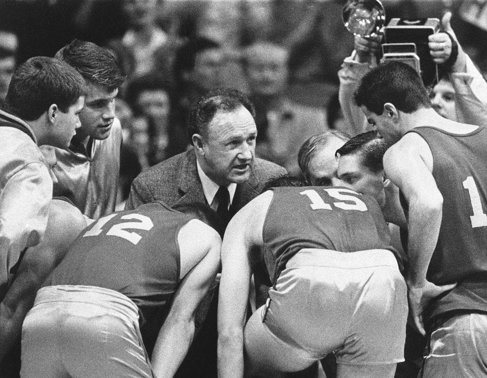 Actor Gene Hackman gives instructiosn during the filming of the 1986 movie 'Hoosiers' at Hinkle Fieldhouse on the Butler University campus.The film's  screenwriter, Angelo Pizzo, and its director, David Anspaugh, will be inducted into the Indiana Basketball Hall of Fame in March 2013. (Tom Strickland/AP)