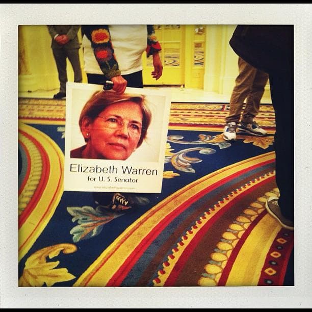 Poster of Elizabeth Warren taken at Elizabeth Warren Campaign HQ (Nick Dynan/WBUR)