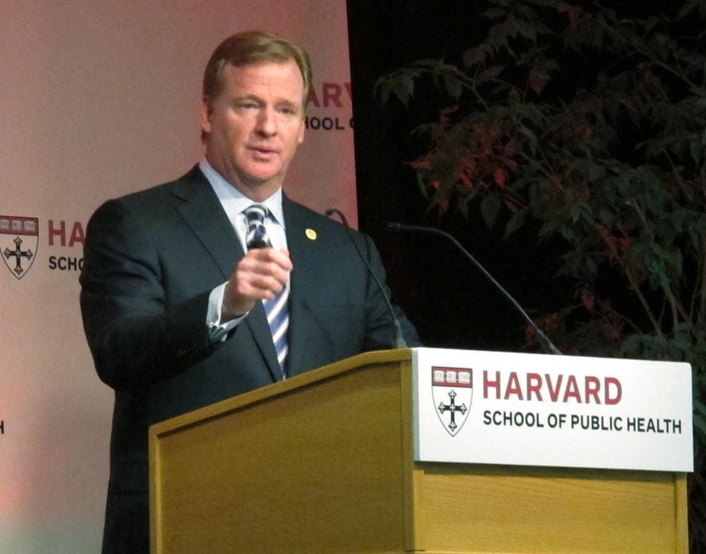 NFL Commissioner Roger Goodell speaks at a lecture on improving football safety at the Harvard School of Public Health in Boston on Thursday, Nov. 15.