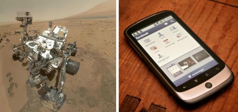 LEFT: NASA's Curiosity rover used the Mars Hand Lens Imager to capture this set of 55 high-resolution images, which were stitched together to create this full-color self-portrait. (NASA/JPL-Caltech/Malin Space Science Systems). RIGHT: Facebook for Android. (Johan Larsson/Flickr)