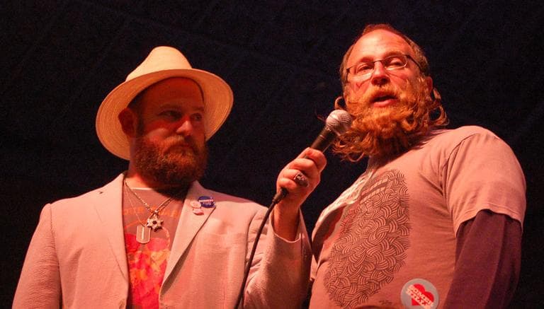 Host Stu Siegel (left) interviews "BeardFest" founder Todd Easton. (Greg Cook)