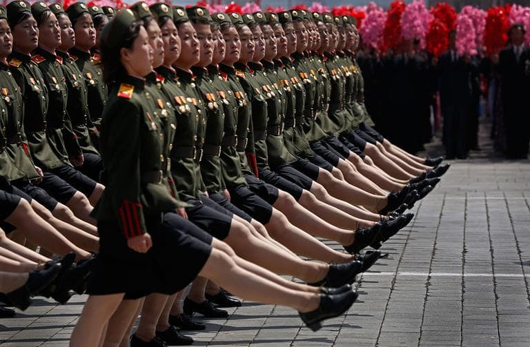 North Korean soldiers march during a mass military parade in Kim Il Sung Square in Pyongyang to celebrate 100 years since the birth of the North Korean founder Kim Il Sung on Sunday, April 15, 2012. (AP Photo/Vincent Yu)