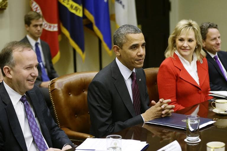 President Barack Obama, flanked by National Governors Association (NGA) Chairman, Delaware Gov. Jack Martell, and NGA Vice Chair, Oklahoma Gov. Mary Fallin, at the White House on Tuesday. President Obama and House Speaker John Boehner will push their positions on the fiscal cliff in separate meetings Tuesday with some of the nation's governors. (Charles Dharapak/AP)