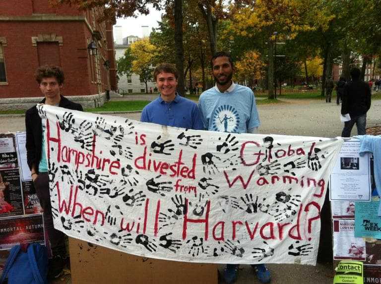 Members of Divest Harvard. From left to right: Oliver Kerr, Harold Eyster and Murtaza Nek. (Courtesy of Divest Harvard)