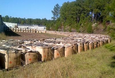 This photo released Nov. 27, 2012 by the Louisiana State Police shows piles of explosive powder stored at the Camp Minden industrial site that officials say were improperly housed by a company. (Louisiana State Police/AP)