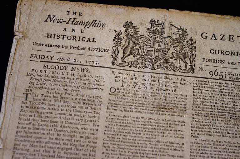 Todd Andrlik's April 21, 1775, copy of The New Hampshire Gazette shows the headline "Bloody News." (Jesse Costa/WBUR)