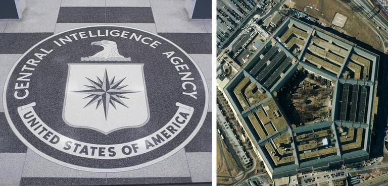 The CIA seal on the lobby floor of the agency's headquarters, left, and a view of the Pentagon taken in December 2000 by Space Imaging's IKONOS satellite. (cia.gov, SpaceImaging.com/AP)