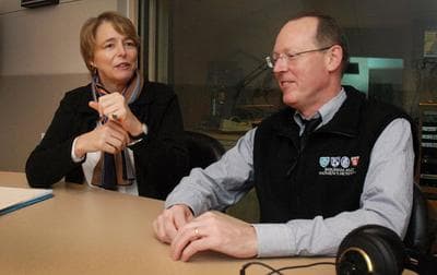 Ophelia Dahl and Dr. Paul Farmer of Partners In Health in the Here & Now studios. (Robin Lubbock/WBUR)