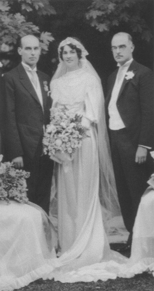 The wedding in &quot;Our Town&quot; is based on the wedding of Thornton Wilder's brother. In this 1935 photo, Thornton's brother Amos Wilder (left) stands with his bride Catharine Kerlin (center) and Thornton Wilder himself (right). (Courtesy of the Wilder Family LLC and YCAL)